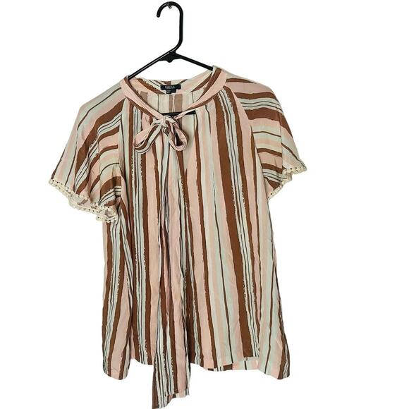 RAOUL Pink Brown Striped Printed 100% Silk Tie Neck Woven Raffaella Blouse Size2 - Picture 4 of 11